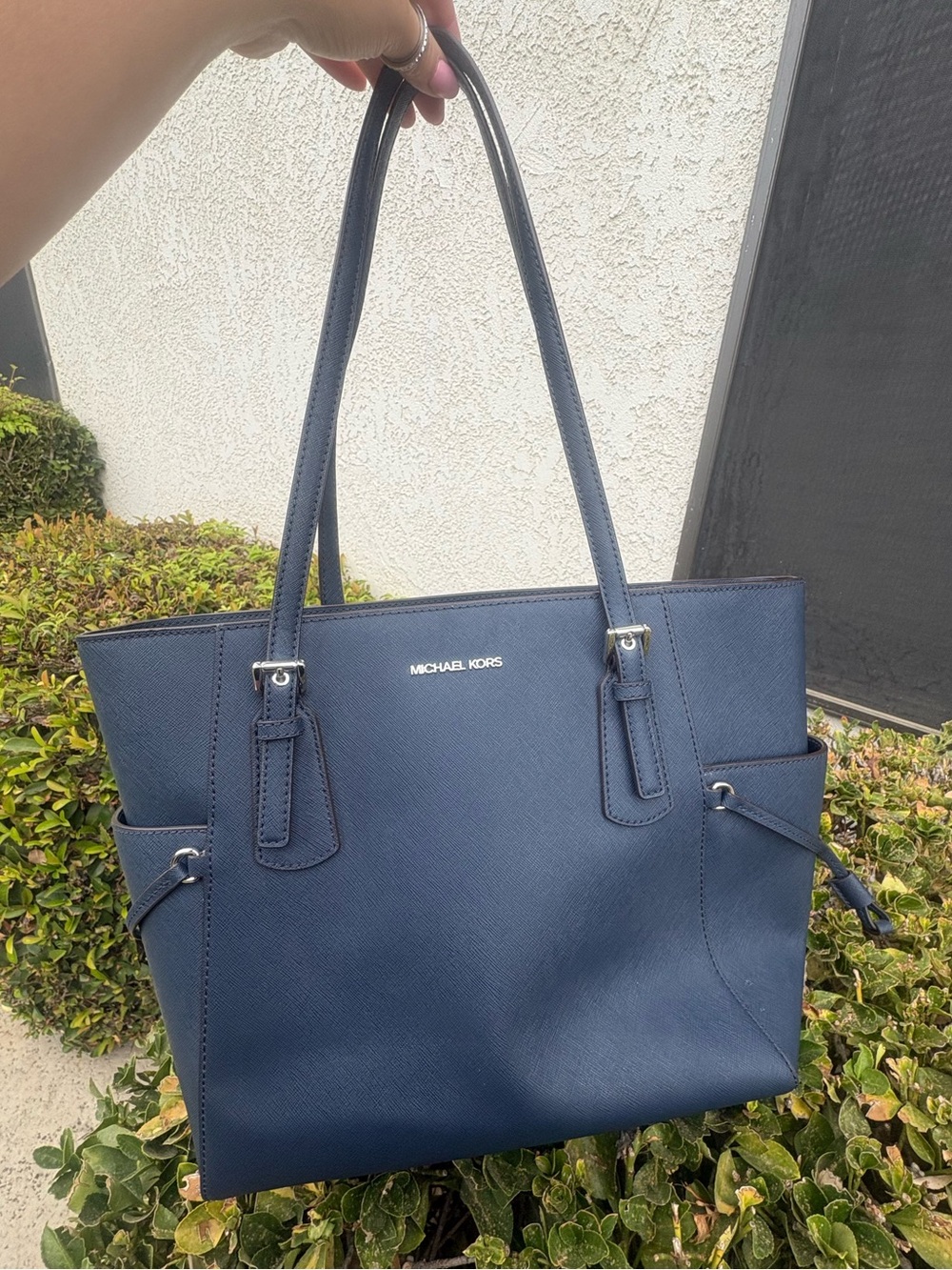 Michael Kors Navy Saffiano Tote with Silver Hardware